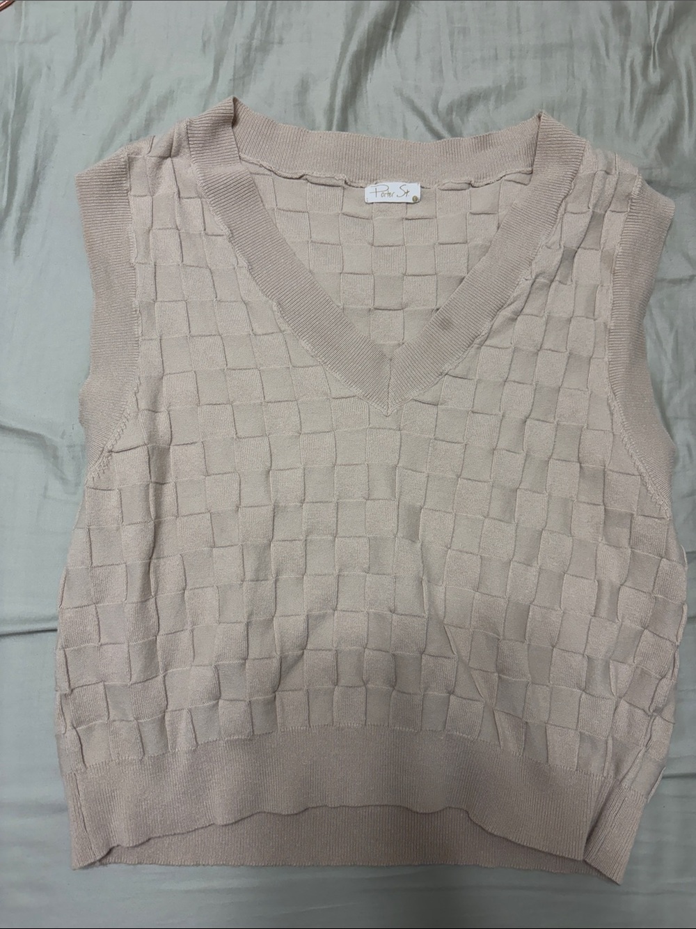 Beige Knit V-Neck Sleeveless Sweater Vest